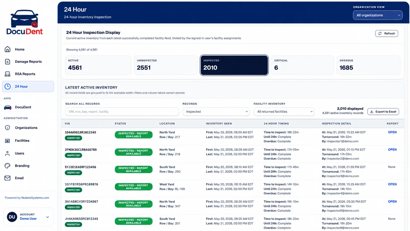 DocuDent inventory view with inspected, uninspected, critical and overdue statuses, facility filters, timing, and report links.