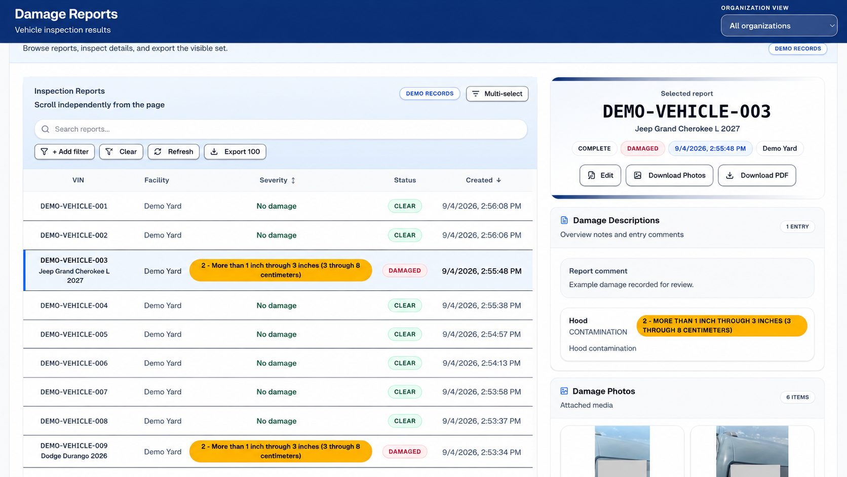 Sanitized report-management example with a searchable inspection list, damage statuses and severity, and selected report details with photos and PDF download controls. Identifiers replaced with demo values.