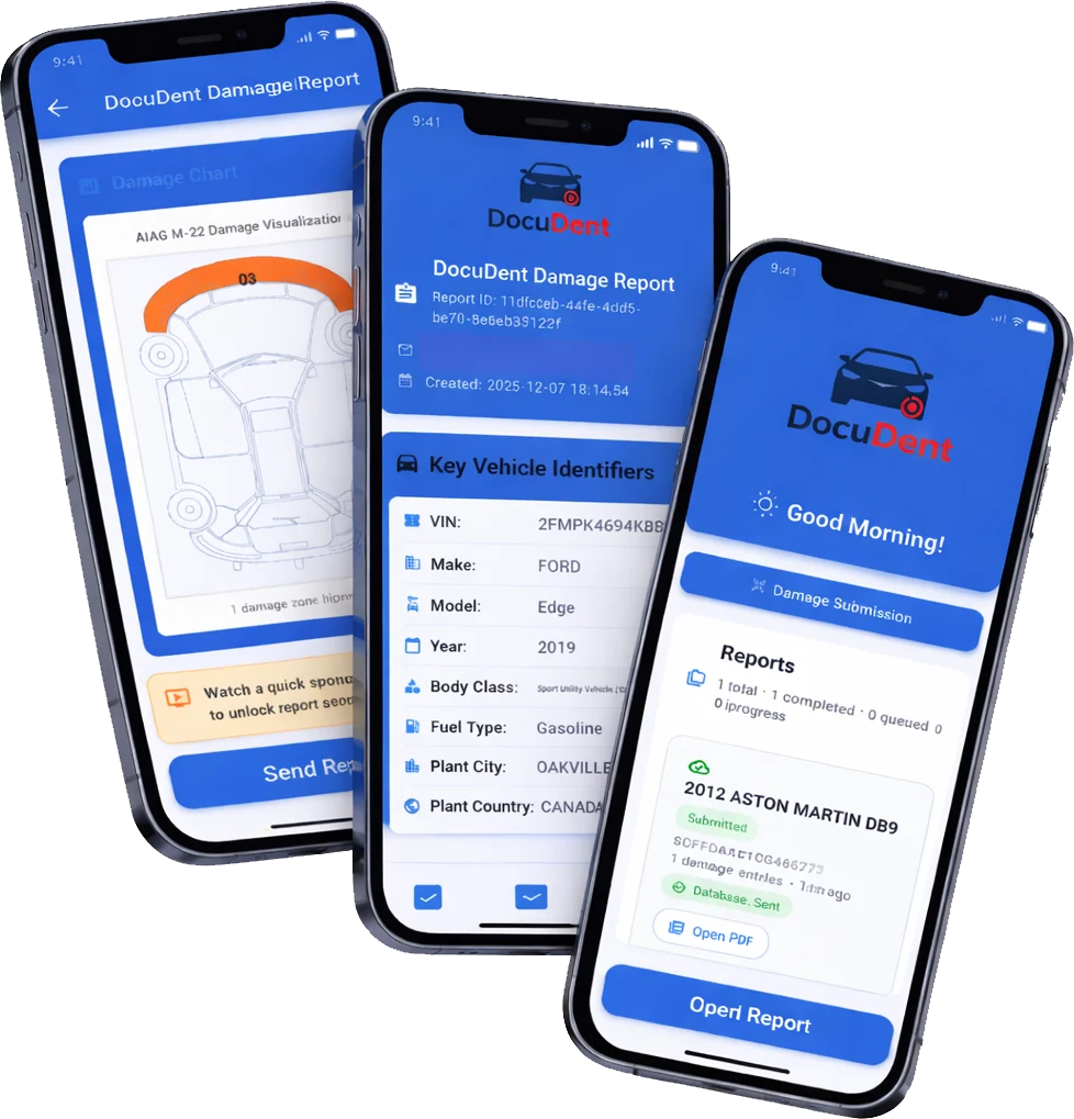 DocuDent damage chart, finished report, and reports list as used by vehicle inspectors.