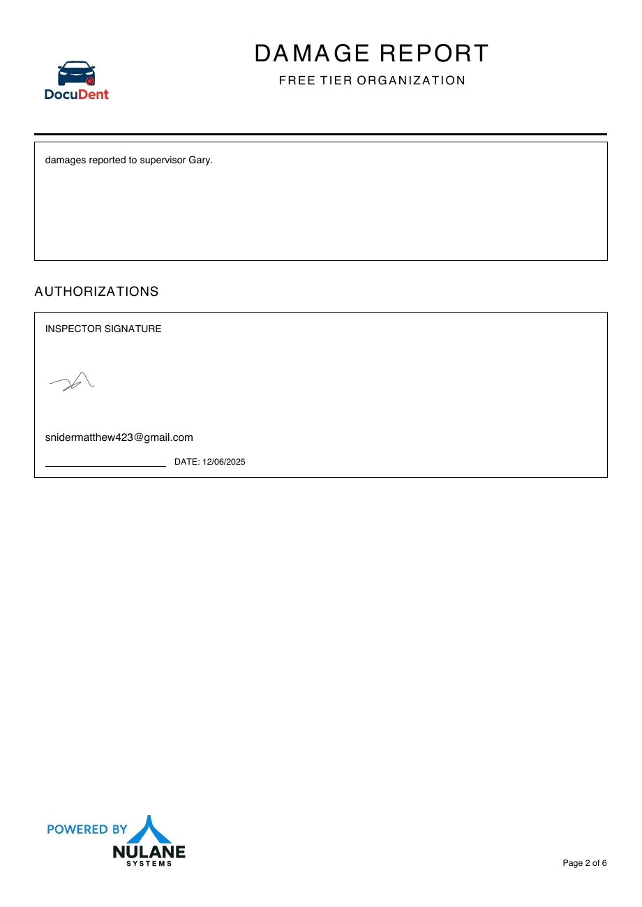 Sample report page 2: Inspector comments and authorization signature.