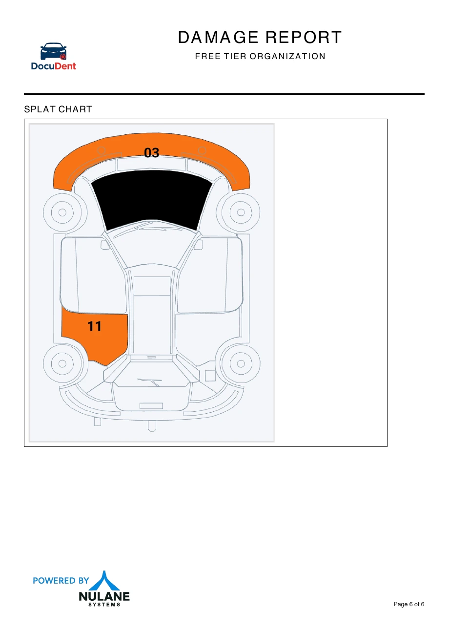 Sample report page 6: Vehicle splat chart showing the documented damage locations.