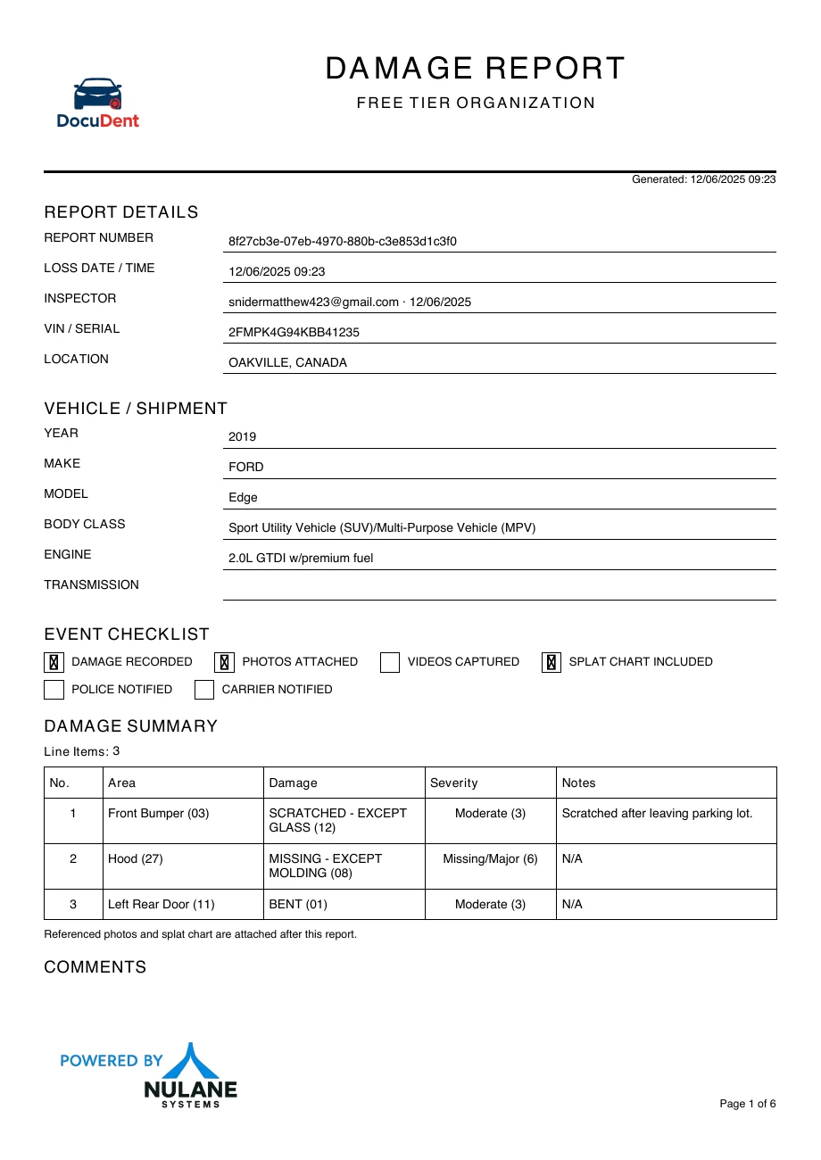 Original report first page, including front bumper area 03, scratched damage type 12, and moderate severity 3.