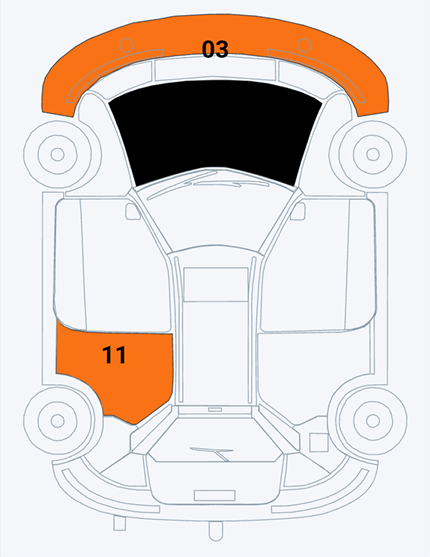 DocuDent splat chart with front bumper area 03 and left rear door area 11 highlighted.