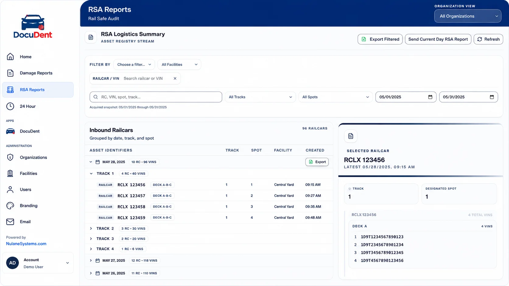 Rail Safe Audit screen grouping railcars by date, track, and spot alongside the selected railcar’s deck and vehicle records.